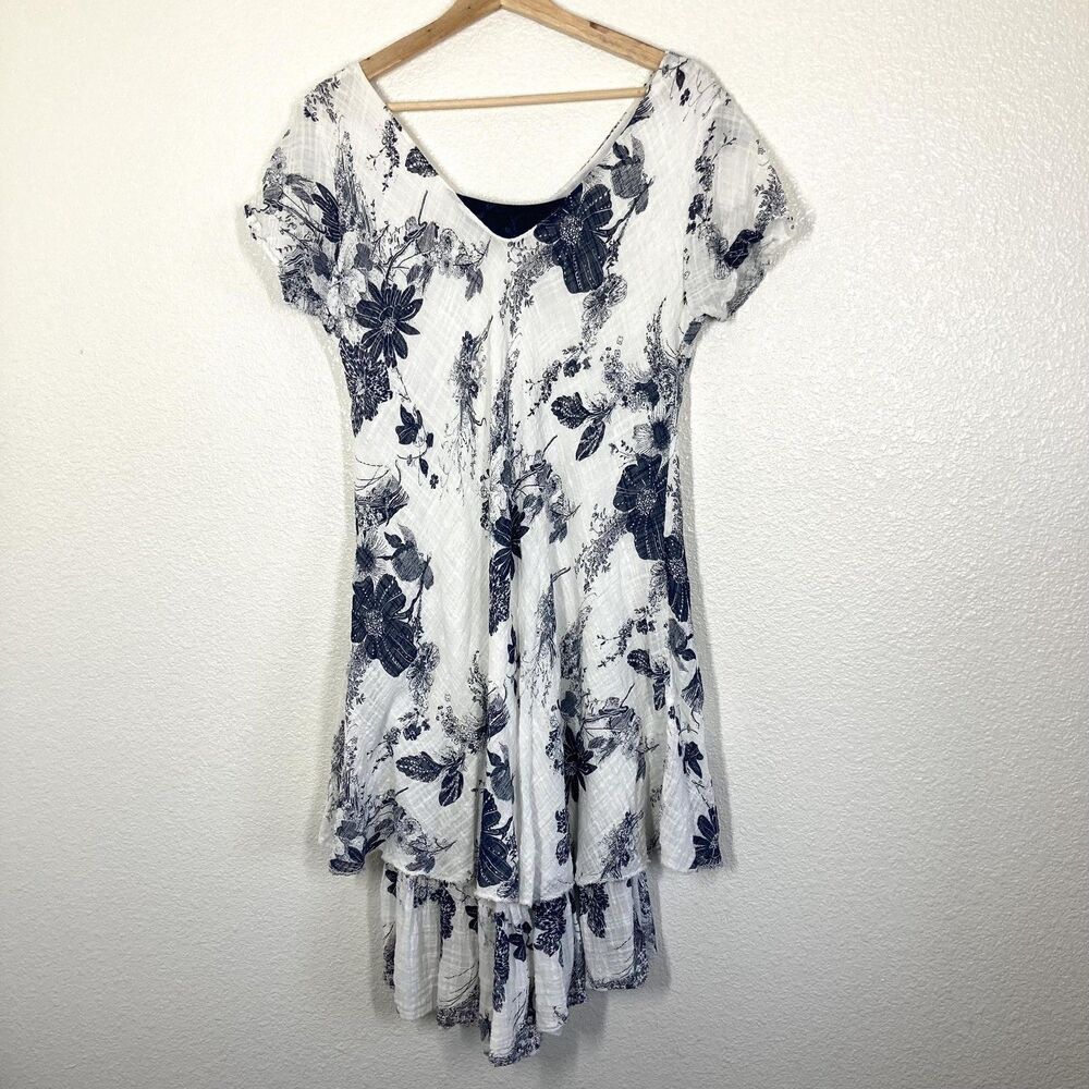 Floral Dress fairy Small White Crinkle Gauze V Neck Ruffle Hem Made in Italy